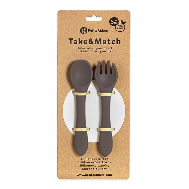 Set tacamuri, Petite&Mars, Take&Match, Din silicon, Forma ergonomica, Delicate cu gingiile, Adecvate pentru masina de spalat vase, Fara BPA, 6 luni+, Bitter Cocoa, Maro BYN709768