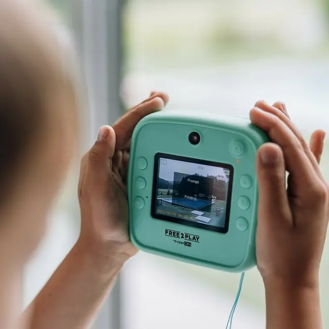 Aparat foto copii cu printare instant, Free2Play, Camere duale fata-spate, Cadre distractive, Cu 6 filtre, Dino BYN86885