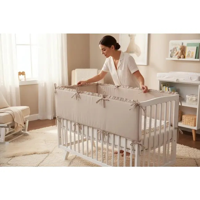 Aparatoare pentru patut, MimiNu, Cu volanase, Din bumbac certificat Oeko Tex Standard 100, 180x30 cm, Cu panglici, Colectia Royal, Mocha BYN6426972031042