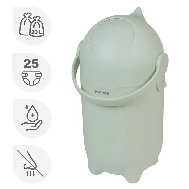 Cos pentru scutece, Nattou, Dropy, Sistem etans impotriva mirosurilor, Compatibil cu saci universali, Operare cu o mana, Potrivit pentru cca 25 scutece, 27 &times; 27 &times; 48.5 cm, 20 l, Verde BYN150026