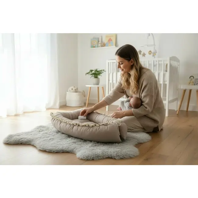 Cosulet bebelus, MimiNu, Premium, Pentru dormit, Baby Nest 55 x 75 cm, Cu Volanase si dantela, Husa 100% bumbac, Din bumbac certificat Oeko Tex Standard 100, Mocha BYN6426972031394