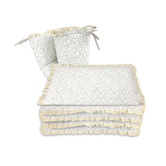 Lenjerie patut cu 3 piese, MimiNu, Premium, Pentru patut 120x60 cm, Cu protectie laterala, Din bumbac certificat Oeko Tex Standard 100, Cu dantela si volan, Meadow BYN6426972031219