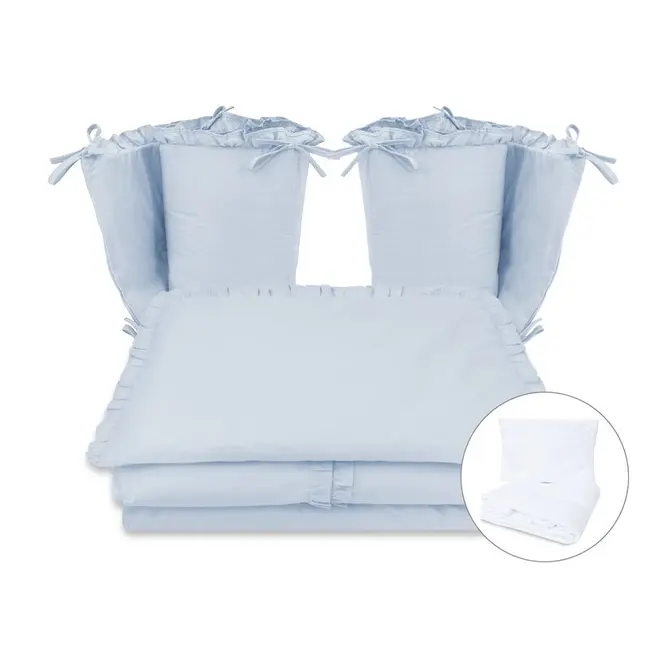 Lenjerie patut cu 6 piese, MimiNu, Pentru patut 120x60 cm, Cu volanase, Cu pilota si perna, Cu doua aparatori laterale, Din bumbac certificat Oeko Tex Standard 100, Colectia Royal, Blue BYN6426972030854