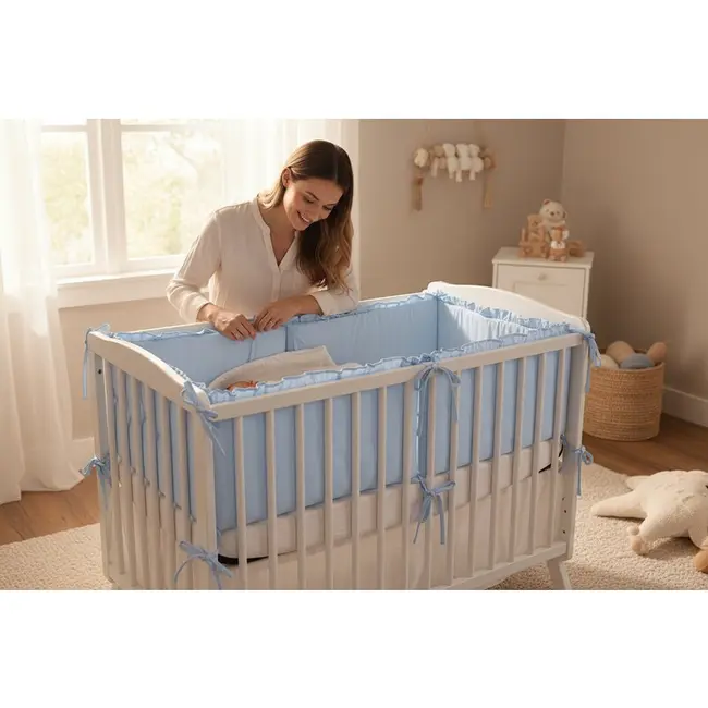 Lenjerie patut cu 6 piese, MimiNu, Pentru patut 120x60 cm, Cu volanase, Cu pilota si perna, Cu doua aparatori laterale, Din bumbac certificat Oeko Tex Standard 100, Colectia Royal, Blue BYN6426972030854