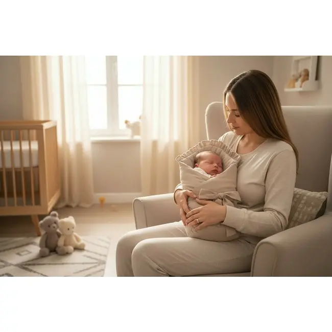 Paturica de infasat, MimiNu, Cu volanase, Cu multiple utilizari, Cu inchidere cu panglica, Dimensiune 75x75 cm, Din bumbac certificat Oeko Tex Standard 100, Colectia Royal, Mocha BYN6426972031103