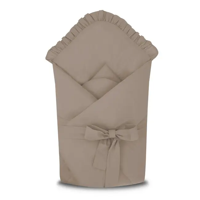 Paturica de infasat, MimiNu, Cu volanase, Cu multiple utilizari, Cu inchidere cu panglica, Dimensiune 75x75 cm, Din bumbac certificat Oeko Tex Standard 100, Colectia Royal, Mocha BYN6426972031103