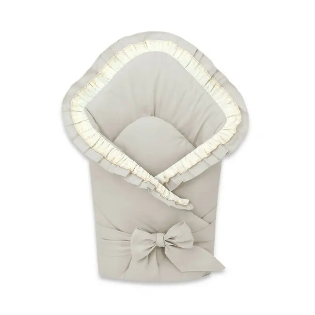 Paturica de infasat, MimiNu, Cu volanase si dantela, Cu multiple utilizari, Cu inchidere cu panglica, Dimensiune 75x75 cm, Din bumbac certificat Oeko Tex Standard 100, Beige BYN6426972031448