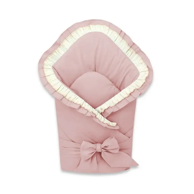 Paturica de infasat, MimiNu, Cu volanase si dantela, Cu multiple utilizari, Cu inchidere cu panglica, Dimensiune 75x75 cm, Din bumbac certificat Oeko Tex Standard 100, Powder Pink BYN6426972031417