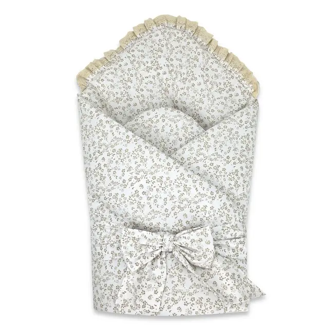 Paturica de infasat, MimiNu, Premium, Cu volanase si dantela, Cu multiple utilizari, Cu inchidere cu panglica, Dimensiune 75x75 cm, Din bumbac certificat Oeko Tex Standard 100, Meadow BYN6426972031318