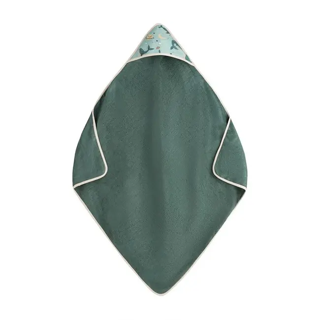 Prosop cu gluga, Petite&Mars, Loulou, Mare, 100 x 100 cm, 70% bambus, 30% bumbac, Certificare Oeko-Tex Standard 100, Hipoalergenic, respirabil si rezistent la mirosuri, Balene Verzi BYN418368