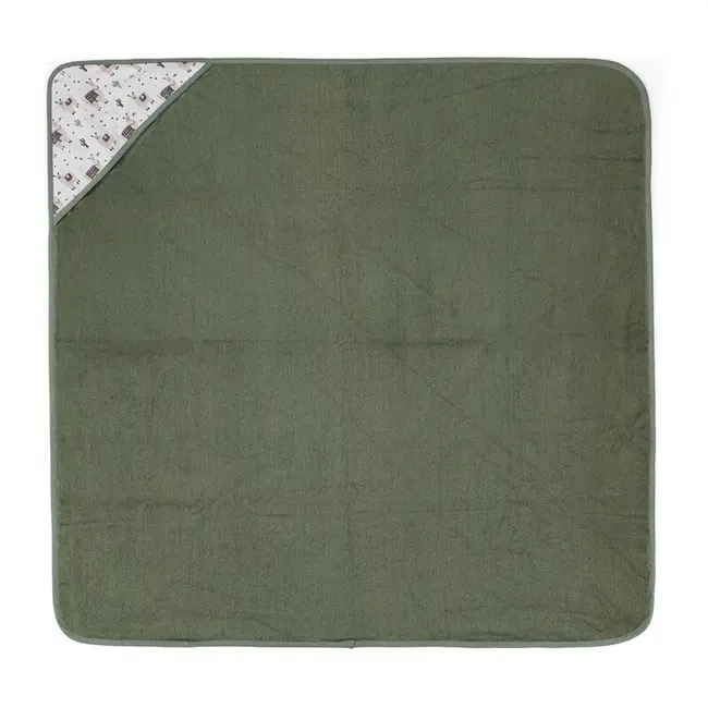 Prosop cu gluga, Petite&Mars, Loulou, Mare, 100 x 100 cm, 70% bambus, 30% bumbac, Certificare Oeko-Tex Standard 100, Hipoalergenic, respirabil si rezistent la mirosuri, Lame Bej/Verde BYN418365