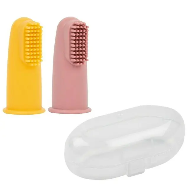 Set 2 periute de dinti pentru deget, Nattou, Cu peri moi, 0% silicon fara BPA, PVC sau ftalati, Include cutie depozitare, 0 luni+, 5 cm, Roz BYN876681