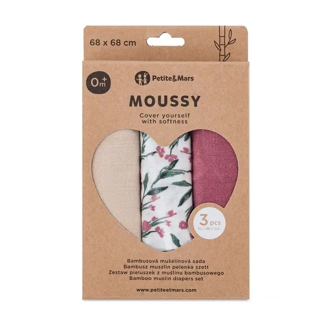 Set 3 scutece, Petite&Mars, Moussy, Din muselina de bambus, Hipoalergenice, 68 x 68 cm, Certificate Oeko Tex Standard 100, Pink Meadow BYN415364