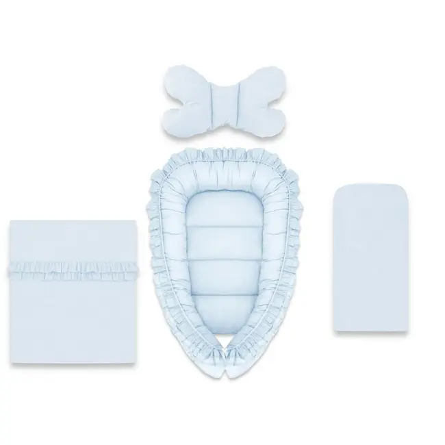 Set 4 in 1 Cosulet bebelus, MimiNu, Baby Cocoon 75x55 cm, Cu volanase, Husa bumbac, Din bumbac certificat Oeko Tex Standard 100, Cu paturica cu volanase 50x70 cm, Cu salteluta, Cu perna fluture, Colectia Royal, Blue BYN6426972030960
