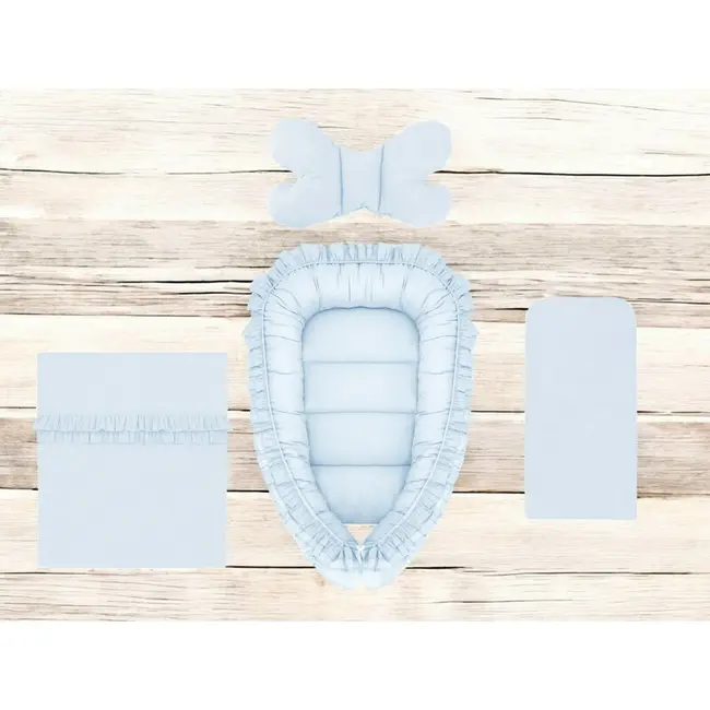 Set 4 in 1 Cosulet bebelus, MimiNu, Baby Cocoon 75x55 cm, Cu volanase, Husa bumbac, Din bumbac certificat Oeko Tex Standard 100, Cu paturica cu volanase 50x70 cm, Cu salteluta, Cu perna fluture, Colectia Royal, Blue BYN6426972030960