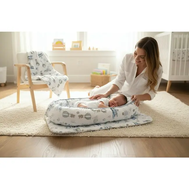 Set 4 in 1 Cosulet bebelus, MimiNu, Baby Cocoon 75x55 cm, Husa bumbac, Din bumbac certificat Oeko Tex Standard 100, Cu paturica 50x70 cm, Cu salteluta, Cu perna fluture, Blue Plane BYN6426972031165