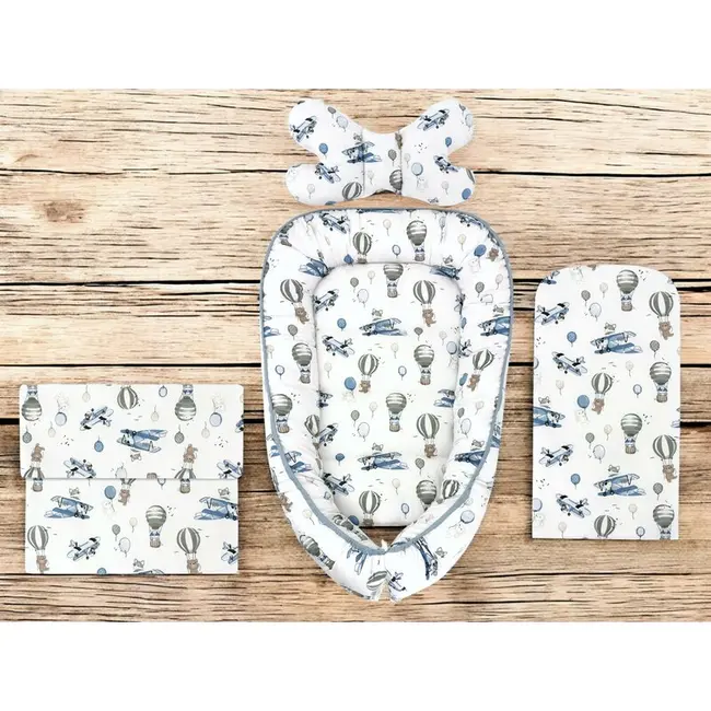 Set 4 in 1 Cosulet bebelus, MimiNu, Baby Cocoon 75x55 cm, Husa bumbac, Din bumbac certificat Oeko Tex Standard 100, Cu paturica 50x70 cm, Cu salteluta, Cu perna fluture, Blue Plane BYN6426972031165