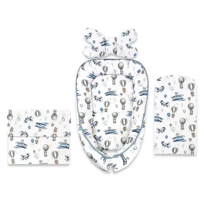 Set 4 in 1 Cosulet bebelus, MimiNu, Baby Cocoon 75x55 cm, Husa bumbac, Din bumbac certificat Oeko Tex Standard 100, Cu paturica 50x70 cm, Cu salteluta, Cu perna fluture, Blue Plane BYN6426972031165