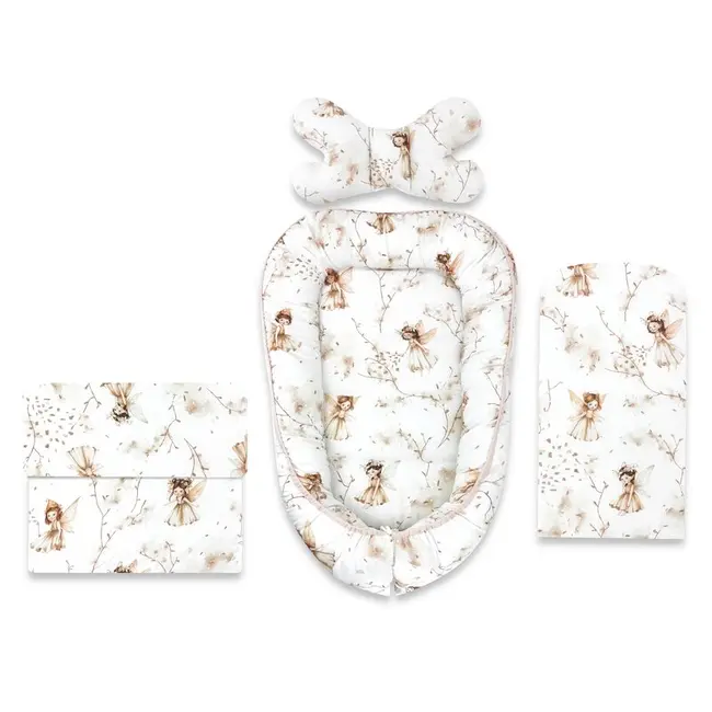Set 4 in 1 Cosulet bebelus, MimiNu, Baby Cocoon 75x55 cm, Husa bumbac, Din bumbac certificat Oeko Tex Standard 100, Cu paturica 50x70 cm, Cu salteluta, Cu perna fluture, Fairy BYN6426972031189