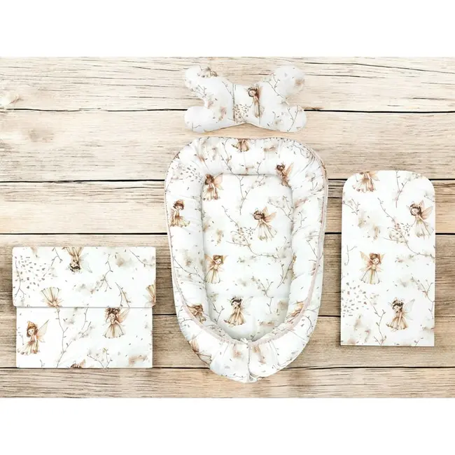 Set 4 in 1 Cosulet bebelus, MimiNu, Baby Cocoon 75x55 cm, Husa bumbac, Din bumbac certificat Oeko Tex Standard 100, Cu paturica 50x70 cm, Cu salteluta, Cu perna fluture, Fairy BYN6426972031189