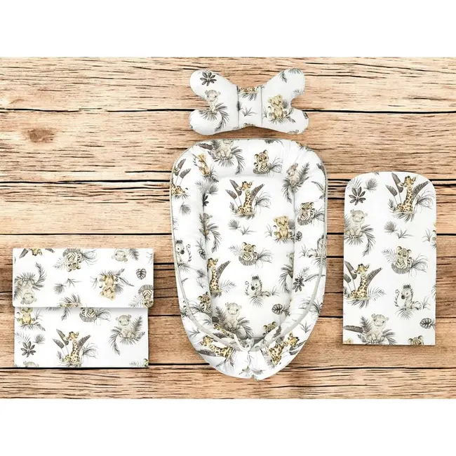 Set 4 in 1 Cosulet bebelus, MimiNu, Baby Cocoon 75x55 cm, Husa bumbac, Din bumbac certificat Oeko Tex Standard 100, Cu paturica 50x70 cm, Cu salteluta, Cu perna fluture, Savanna BYN6426972031158