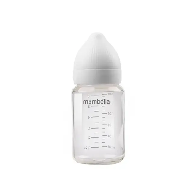 Biberon din sticla Anti-colici Mombella , 180 ml, cu Tetină Silicon S - Flux Lent (0-3 Luni) - Ivory KRTM01837