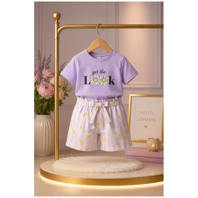 Set copii 2 piese bumbac imprimeu casual confortabil - mov bm36045-1