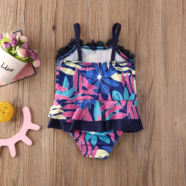 Costum de baie mov cu frunze si floricele aplicate Drool (Marime: 130) JEMdrl47l26