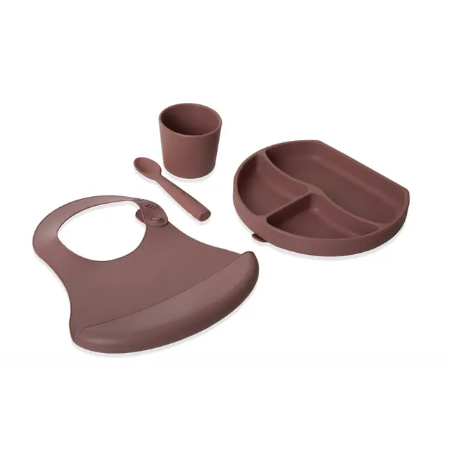 Set diversificare 4 piese din silicon BabyJem: bavetica, farfurie, lingurita si pahar (Culoare: Ecru) JEMbj_7283