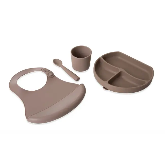 Set diversificare 4 piese din silicon BabyJem: bavetica, farfurie, lingurita si pahar (Culoare: Roz) JEMbj_7282