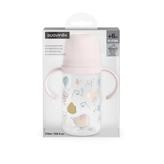 Cana cu muștiuc din silicon, 270 ml, Bears, roz, Suavinex JEM8426420087025