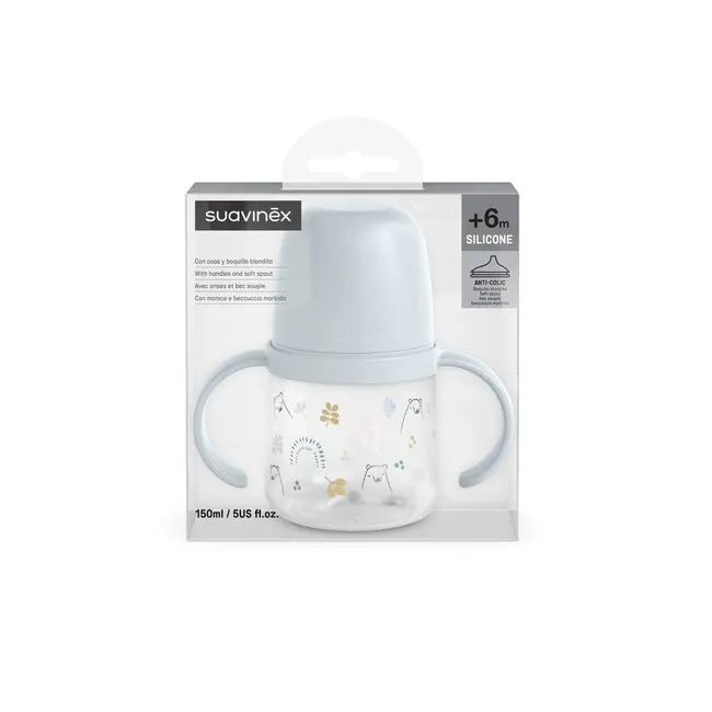Prima cană cu muștiuc din silicon 150 ml, +4l, Bears, albastru, Suavinex JEM8426420086981