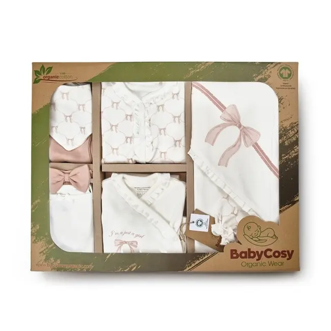 Set de 10 piese pentru nou nascut, Bow, powder, 100% bumbac organic, BabyCosy JEMBC-CSY8170