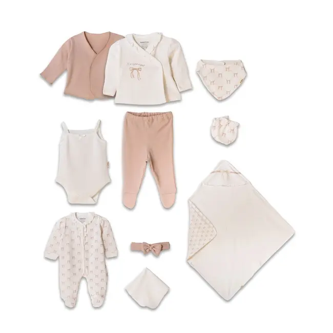 Set de 10 piese pentru nou nascut, Bow, powder, 100% bumbac organic, BabyCosy JEMBC-CSY8170