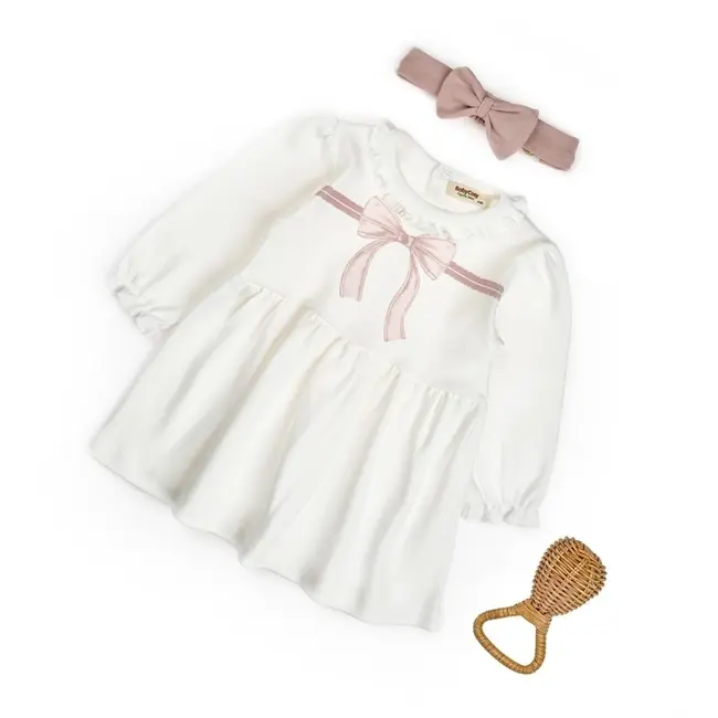 Set rochita cu bentita, Bow, BabyCosy, 100%bumbac organic, Powder (Marime: 6-9 luni) JEMBC-CSY8162-6