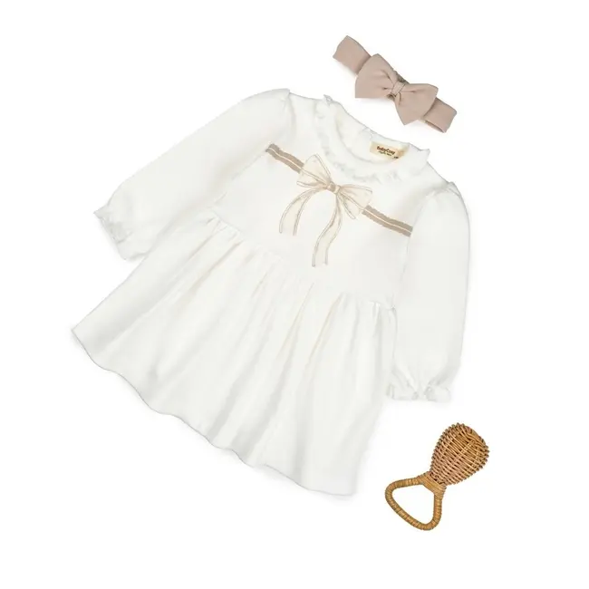 Set rochita cu bentita, Bow, BabyCosy, 100%bumbac organic, Stone (Marime: 12-18 Luni) JEMBC-CSY8161-12