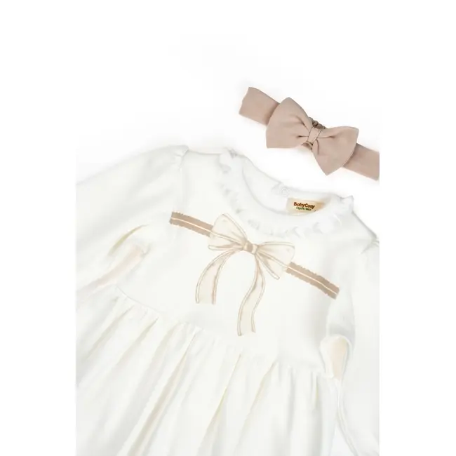 Set rochita cu bentita, Bow, BabyCosy, 100%bumbac organic, Stone (Marime: 12-18 Luni) JEMBC-CSY8161-12