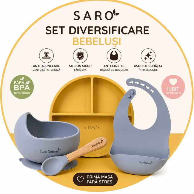 Set Diversificare Bebelusi Saro ,   Farfurie Silicon + Bol Cu Ventuza + Baveta   Anti-mizerie, Sigur, Usor De Curatat Pjbc1800
