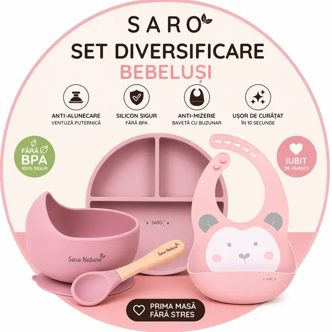 Set Diversificare Bebelusi Saro ,   Farfurie Silicon + Bol Cu Ventuza + Baveta   Anti-mizerie, Sigur, Usor De Curatat Pjbc4911