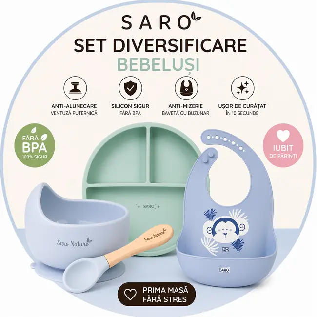 Set Diversificare Bebelusi Saro ,   Farfurie Silicon + Bol Cu Ventuza + Baveta   Anti-mizerie, Sigur, Usor De Curatat Pjbc6454