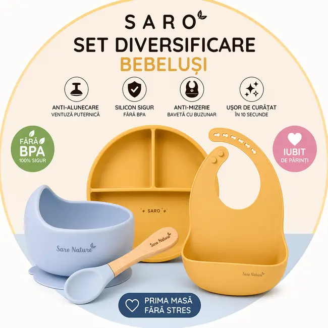 Set Diversificare Bebelusi Saro ,   Farfurie Silicon + Bol Cu Ventuza + Baveta   Anti-mizerie, Sigur, Usor De Curatat Pjbc7807