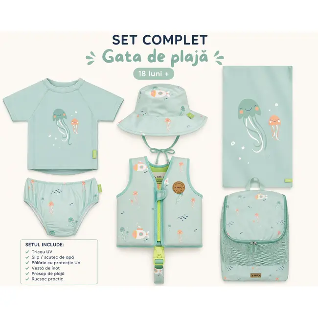 Set Plaja Copii 6 Piese Jellyfish Saro Baby (18 Luni+): Tricou Uv, Scutec Inot, Palarie, Vesta, Prosop 80x140 Cm, Rucsac Impermeabil Pjbc2599