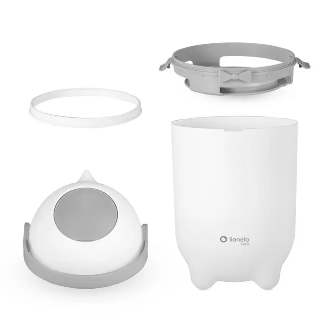 Cos pentru scutece, Lionelo, Capacitate 10 l, Sistem etans impotriva mirosurilor, Compatibil cu saci universali, Operare cu o mana, Alb BYNLOC-PUREBIN_WHITE