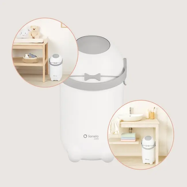 Cos pentru scutece, Lionelo, Capacitate 10 l, Sistem etans impotriva mirosurilor, Compatibil cu saci universali, Operare cu o mana, Alb BYNLOC-PUREBIN_WHITE