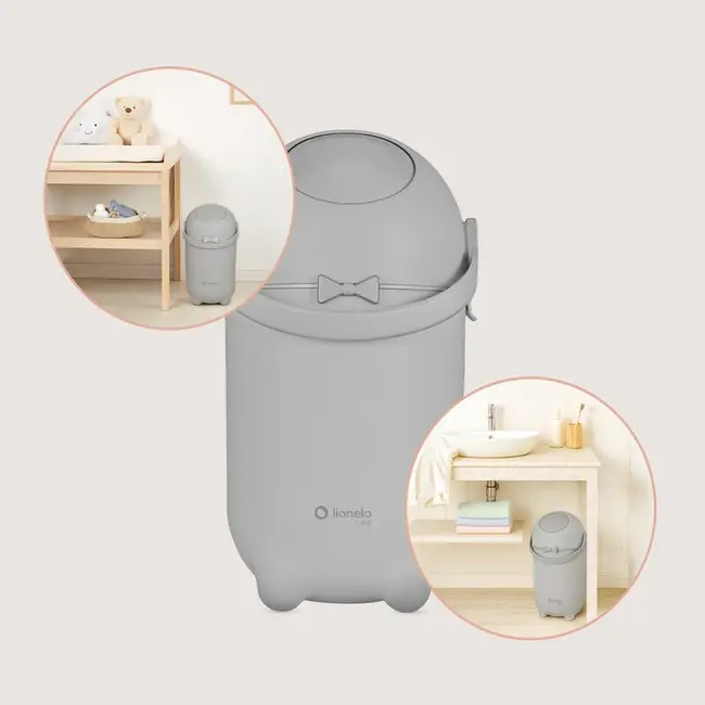 Cos pentru scutece, Lionelo, Capacitate 10 l, Sistem etans impotriva mirosurilor, Compatibil cu saci universali, Operare cu o mana, Gri BYNLOC-PUREBIN_GREY
