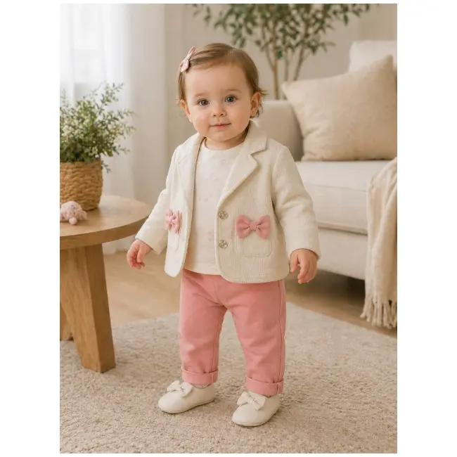 Costumas elegant fetita cu sacou crem, pantaloni roz si bluzita - confort si stil bnb7