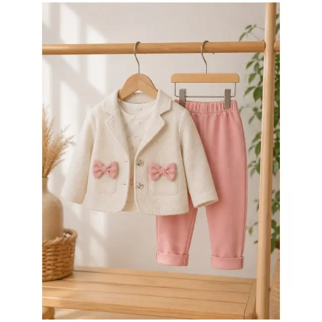 Costumas elegant fetita cu sacou crem, pantaloni roz si bluzita - confort si stil bnb7