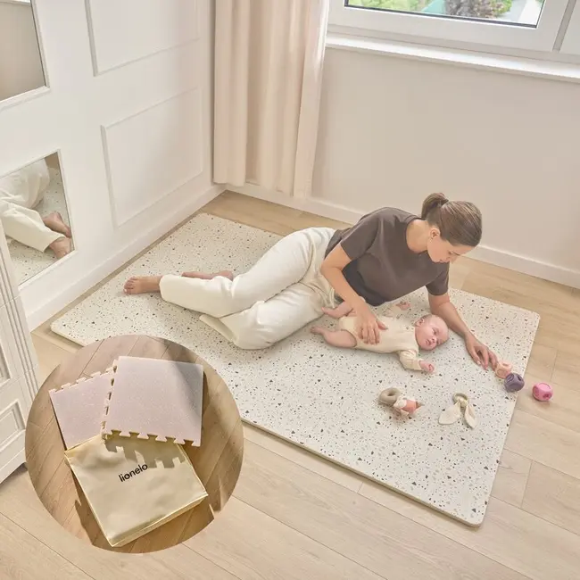 Covoras educativ, Lionelo, Yoka, Din spuma XPE non-toxica, Tip puzzle, 6 piese, Cu doua fete, Suprafata antiderapanta, 173x116 cm, Grosime 1.5 cm, Bej BYNLO-YOKA