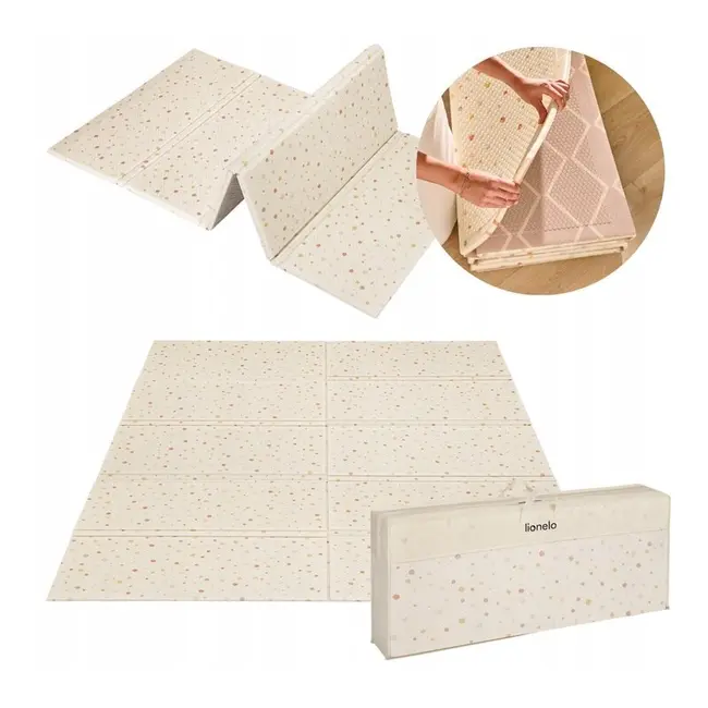 Covoras educativ, Lionelo, Zora, Din spuma XPE non-toxica, Cu doua fete, Suprafata antiderapanta, Dimensiune mare, 180x200 cm, Grosime 1.5 cm, Pliabil, Include geanta pentru transport, Bej BYNLO-ZORA