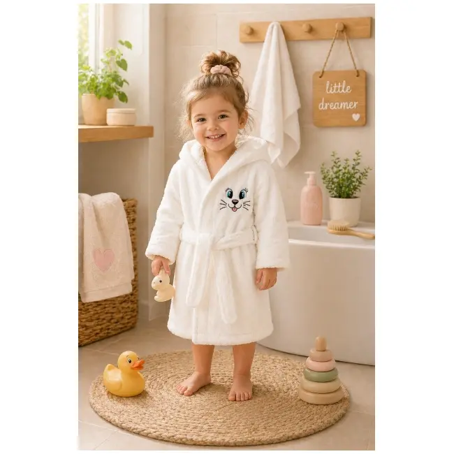 Halat de baie alb pentru copii pisicuta bhl3